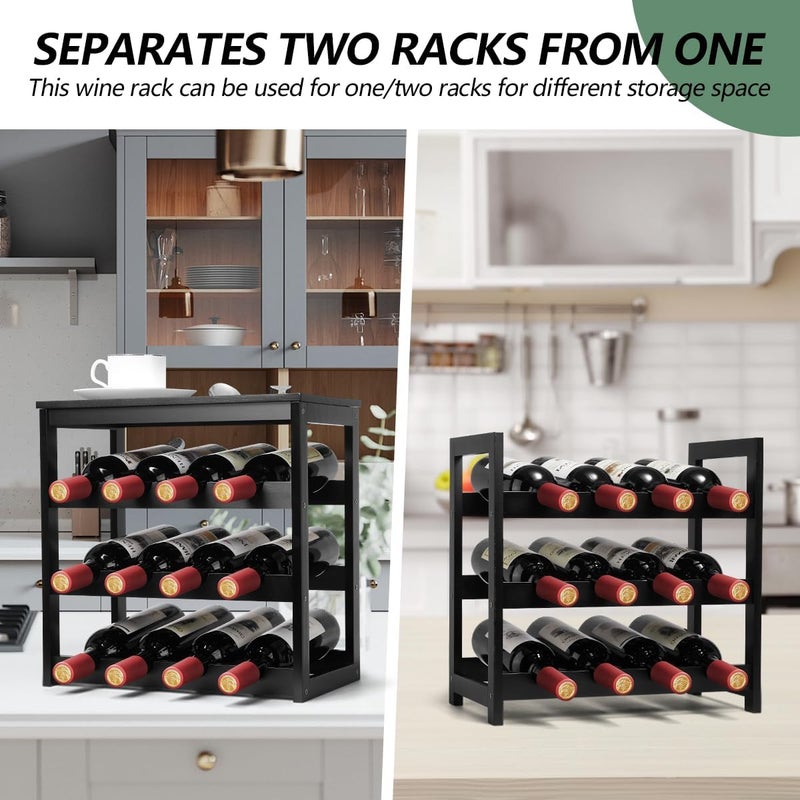 Homevany Wine Rack 24-Botttle Freestanding Floor, 6-Tier Wine Rack Shelf with Table Top, Bamboo Display Wine Storage Shelves Kitchen Bar Dining Room Living Room, Black - Image 2